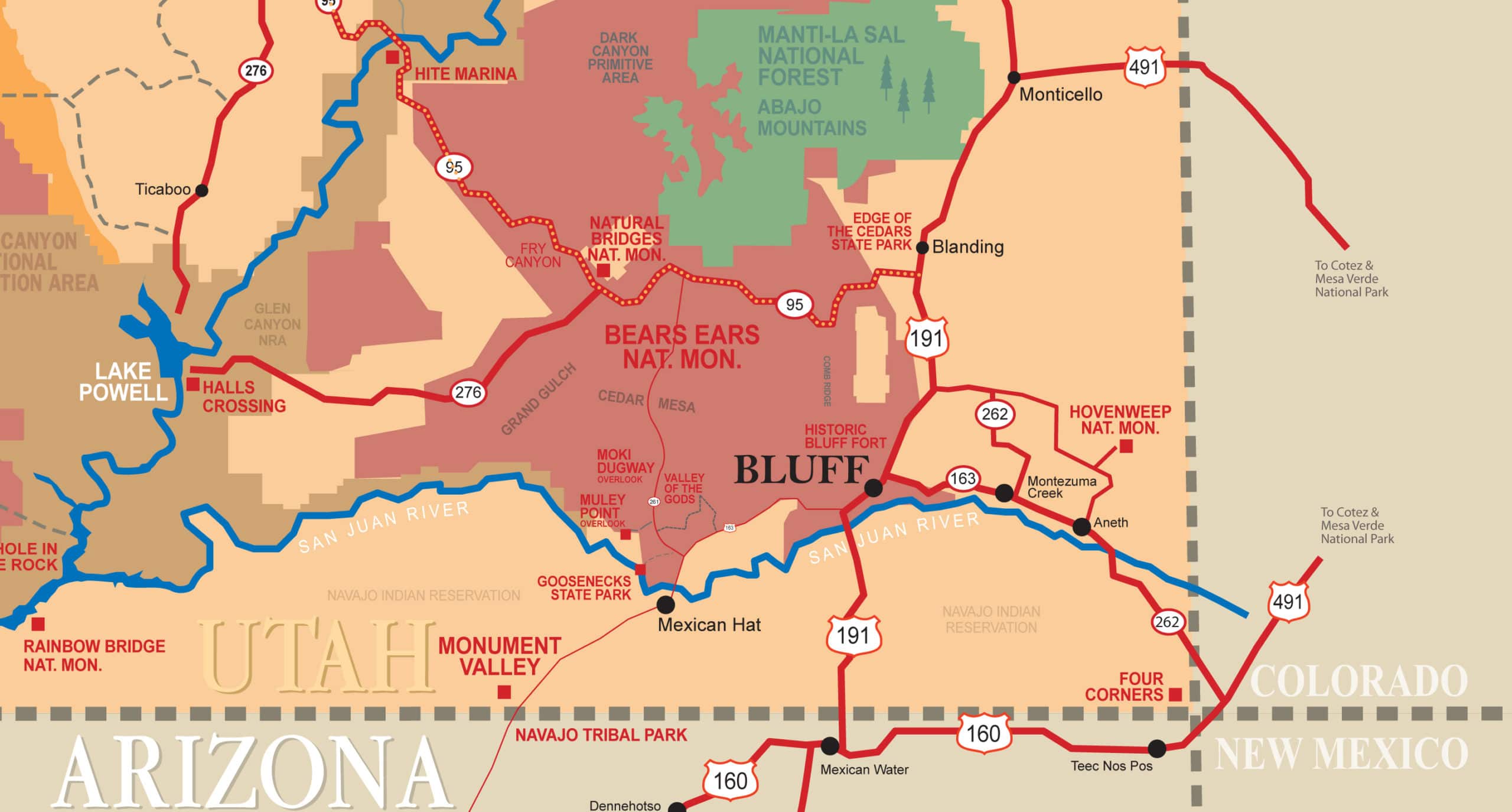 Map of area near Bluff Utah showing Bears Ears Nat Monument