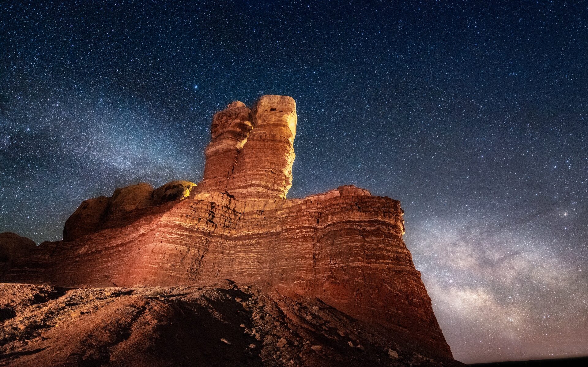 Milky Way over Twin Rocks in Bluff, Utah